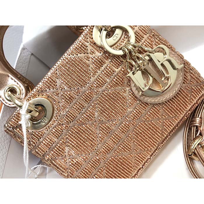 Dior Women CD Mini Lady Bag Caramel Beige Cannage Cotton Embroidered Micropearls (12)