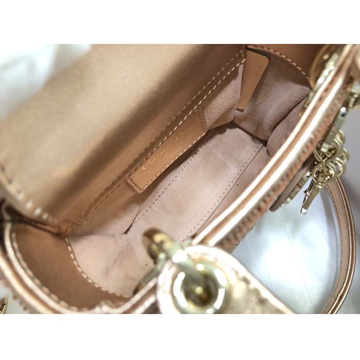 Dior Women CD Mini Lady Bag Caramel Beige Cannage Cotton Embroidered Micropearls (6)
