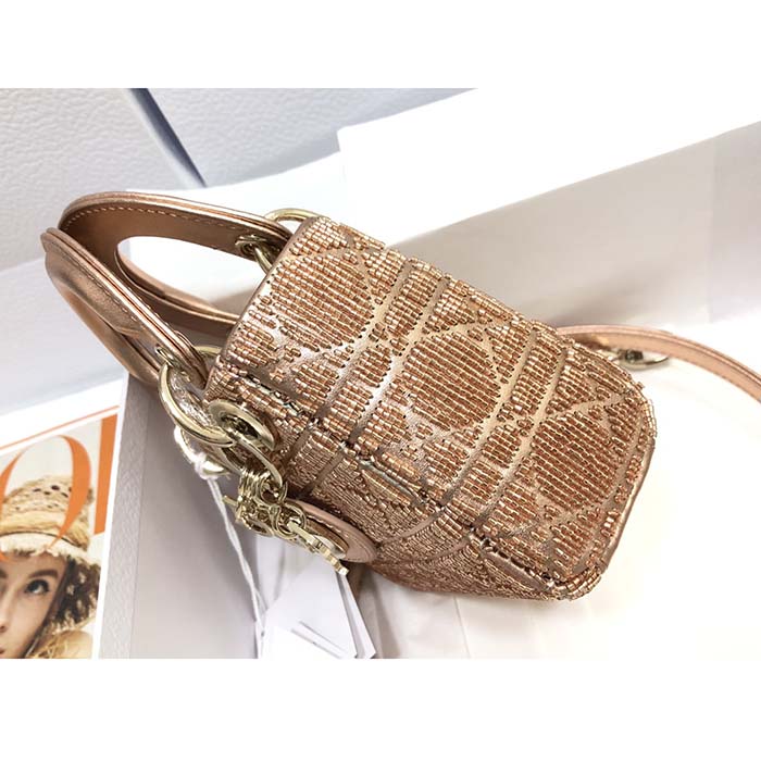 Dior Women CD Mini Lady Bag Caramel Beige Cannage Cotton Embroidered Micropearls (8)