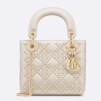 Dior Women CD Mini Lady Bag Latte Crinkle-Effect Lambskin White Resin Half-Pearl Cannage (1)