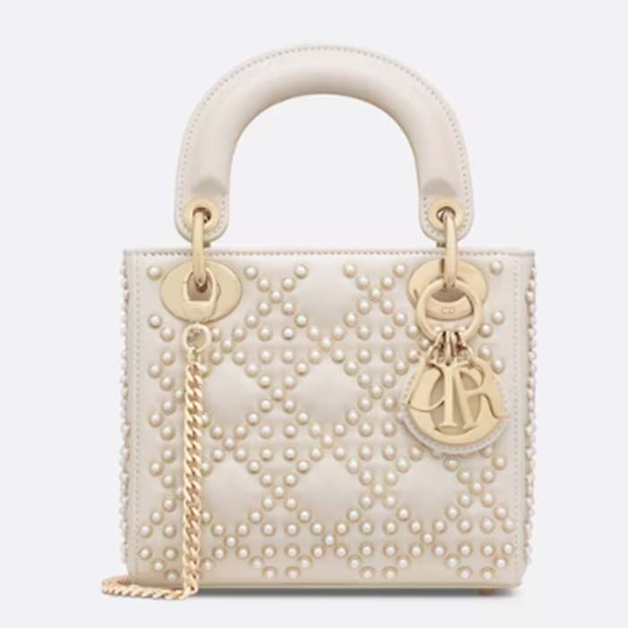 Dior Women CD Mini Lady Bag Latte Crinkle-Effect Lambskin White Resin Half-Pearl Cannage
