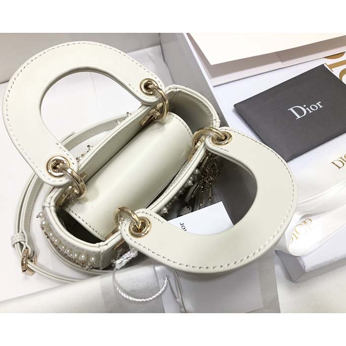 Dior Women CD Mini Lady Bag Latte Crinkle-Effect Lambskin White Resin Half-Pearl Cannage (7)