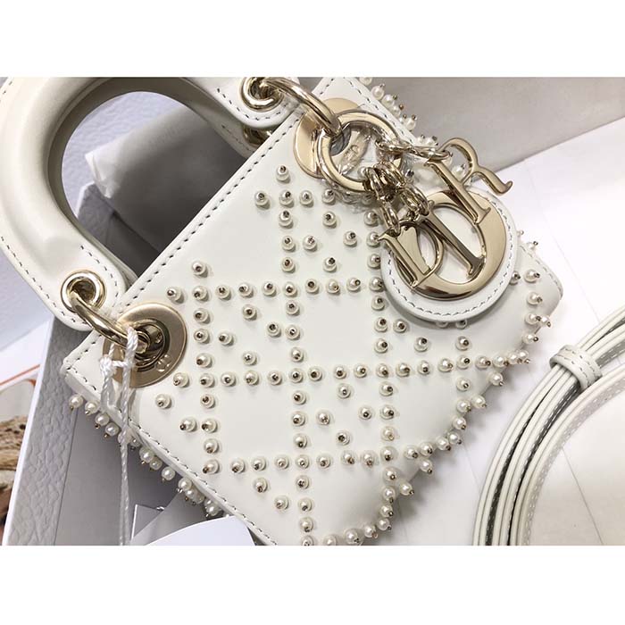 Dior Women CD Mini Lady Bag Latte Crinkle-Effect Lambskin White Resin Half-Pearl Cannage (8)