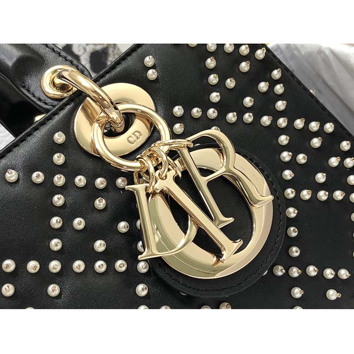 Dior Women CD Small Lady D-Joy Bag Black Crinkle-Effect Lambskin White Resin Half-Pearl Cannage