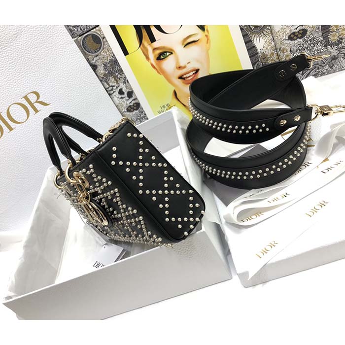 Dior Women CD Small Lady D-Joy Bag Black Crinkle-Effect Lambskin White Resin Half-Pearl Cannage