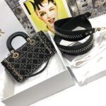 Dior Women CD Small Lady D-Joy Bag Black Crinkle-Effect Lambskin White Resin Half-Pearl Cannage - Image 4