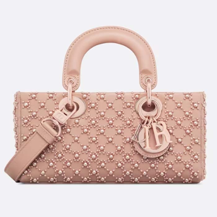 Dior Women CD Small Lady D-Joy Bag Rose Des Vents Cannage Calfskin Embroidered Resin Pearls