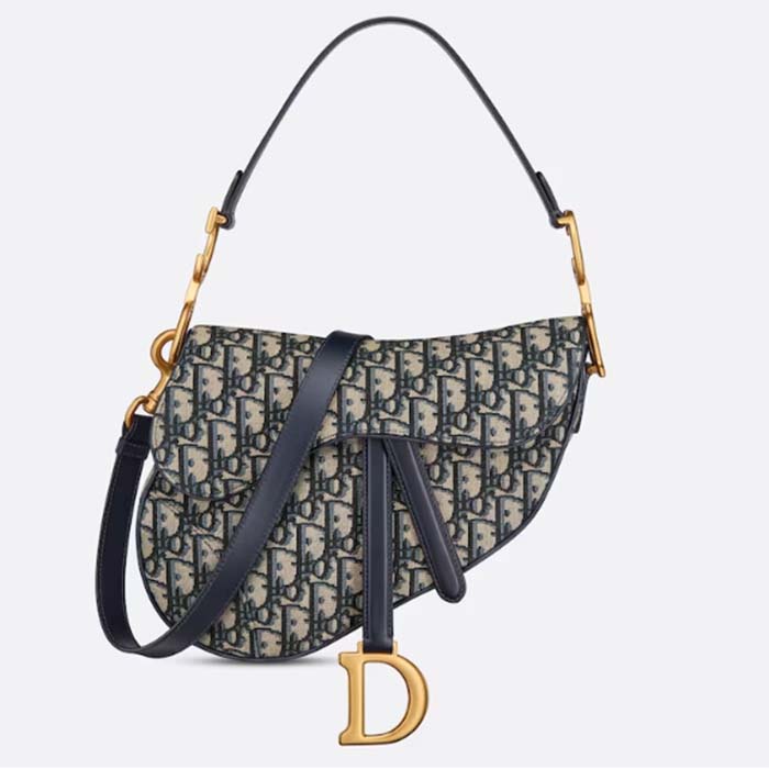 Dior Women Saddle Bag Strap Blue Dior Oblique Jacquard CD Signature Interior Back Pocket