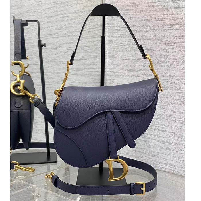 Dior Women Saddle Bag Strap Indigo Blue Grained Calfskin CD Signature Interior Back Pocket (6)