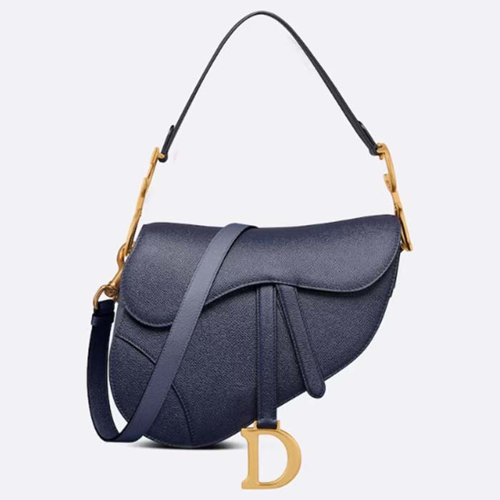 Dior Women Saddle Bag Strap Indigo Blue Grained Calfskin CD Signature Interior Back Pocket
