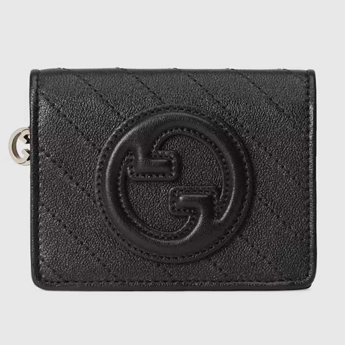 Gucci GG Unisex Blondie Card Case Wallet Black Leather Taffeta Lining Round Interlocking G