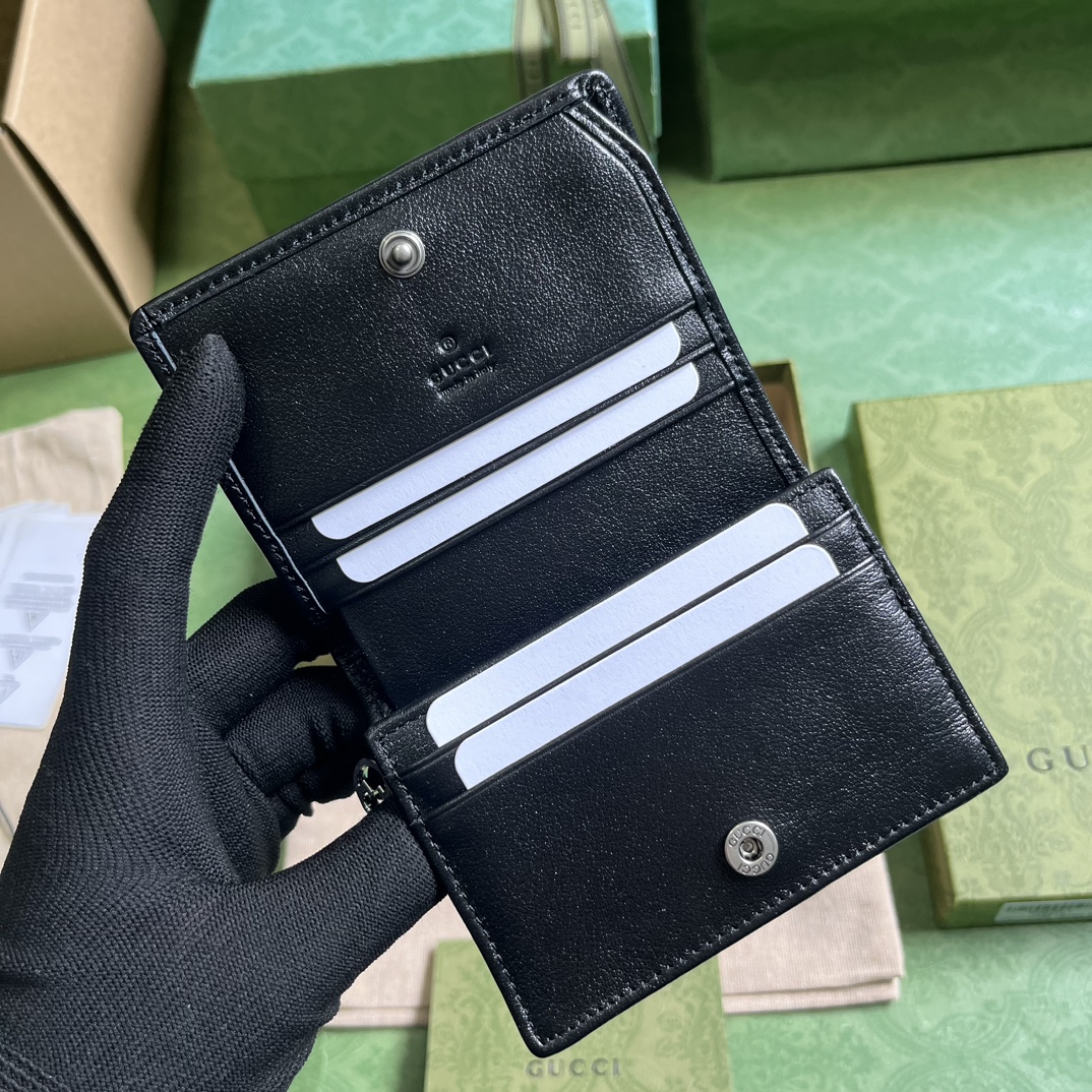 Gucci GG Unisex Blondie Card Case Wallet Black Leather Taffeta Lining Round Interlocking G (7)