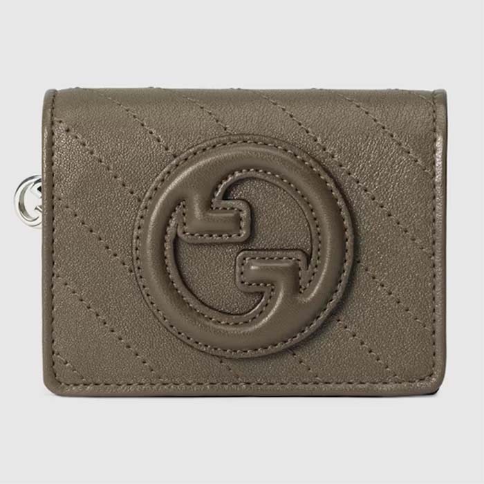 Gucci GG Unisex Blondie Card Case Wallet Brown Leather Taffeta Lining Round Interlocking G