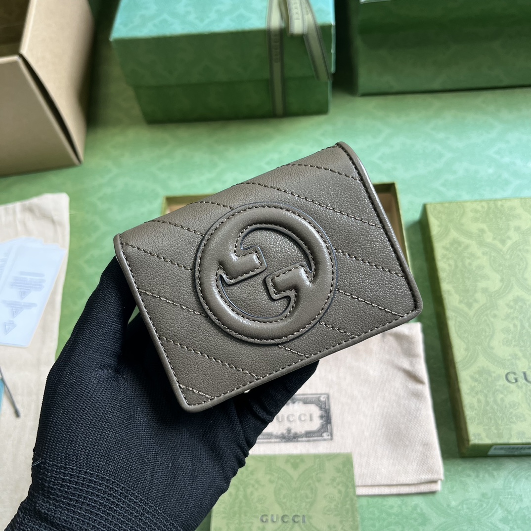 Gucci GG Unisex Blondie Card Case Wallet Brown Leather Taffeta Lining Round Interlocking G (5)