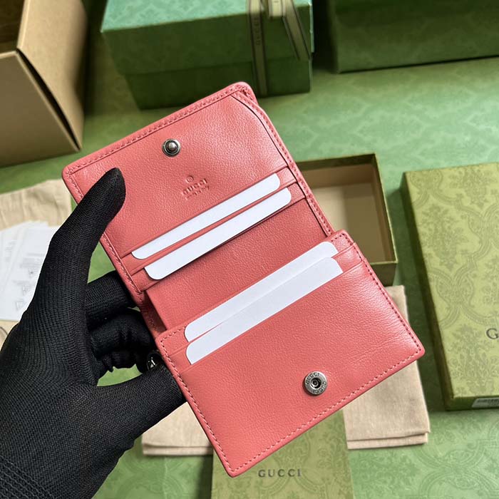 Gucci GG Unisex Blondie Card Case Wallet Pink Leather Taffeta Lining Round Interlocking G
