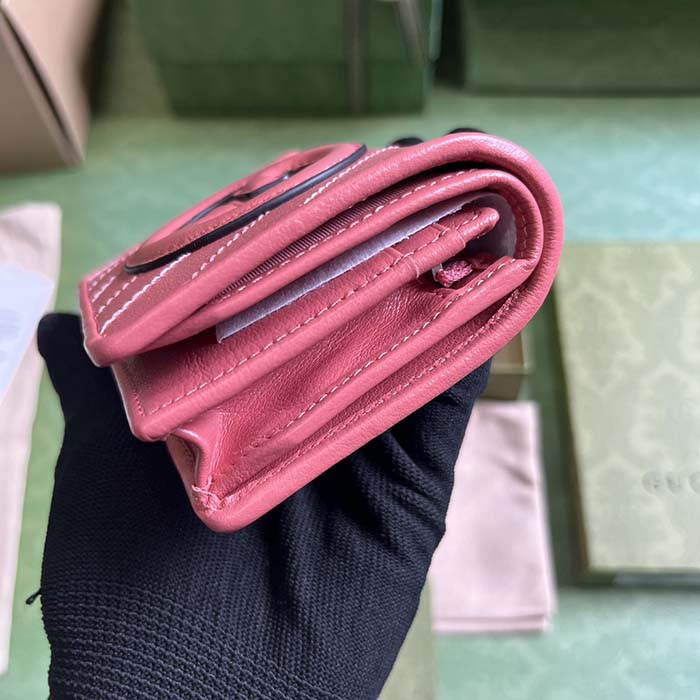 Gucci GG Unisex Blondie Card Case Wallet Pink Leather Taffeta Lining Round Interlocking G
