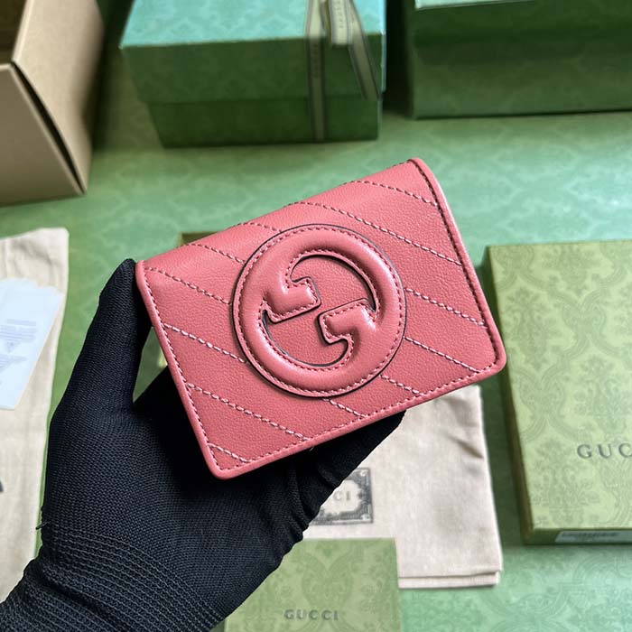Gucci GG Unisex Blondie Card Case Wallet Pink Leather Taffeta Lining Round Interlocking G (7)