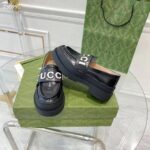 Gucci GG Women Gucci Loafer Black White Leather Scalloped Script Rubber Sole Mid-Heel - immagine 4