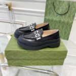 Gucci GG Women Gucci Loafer Black White Leather Scalloped Script Rubber Sole Mid-Heel - immagine 5