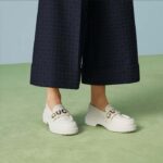 Gucci GG Women Gucci Loafer White Metallic Leather Scalloped Script Rubber Sole Mid-Heel - Image 6