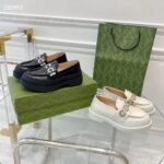 Gucci GG Women Gucci Loafer White Metallic Leather Scalloped Script Rubber Sole Mid-Heel - Image 4