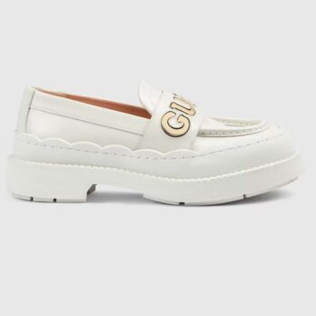 Gucci GG Women Gucci Loafer White Metallic Leather Scalloped Script Rubber Sole Mid-Heel