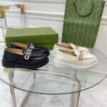 Gucci GG Women Gucci Loafer White Metallic Leather Scalloped Script Rubber Sole Mid-Heel - Image 3