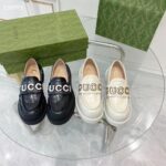 Gucci GG Women Gucci Loafer White Metallic Leather Scalloped Script Rubber Sole Mid-Heel - Image 5