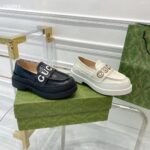 Gucci GG Women Gucci Loafer White Metallic Leather Scalloped Script Rubber Sole Mid-Heel - Image 2