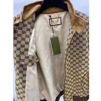 Gucci Men GG Cotton Canvas Zip Jacket Beige Blue Leather Lined Stand Collar Buttons (11)