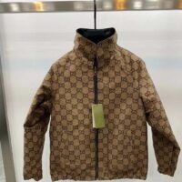 Gucci Men Reversible Poplin Jacket Black Polyester Piping Green Red Beige Ebony GG Canvas (1)