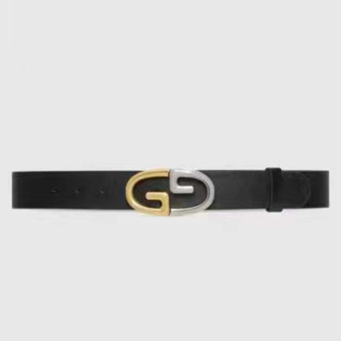 Gucci Unisex Belt Two-Toned Metal GG Buckle Black Leather 3.3 CM Width