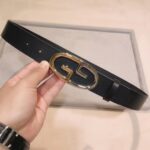 Gucci Unisex Belt Two-Toned Metal GG Buckle Black Leather 3.3 CM Width - Image 8