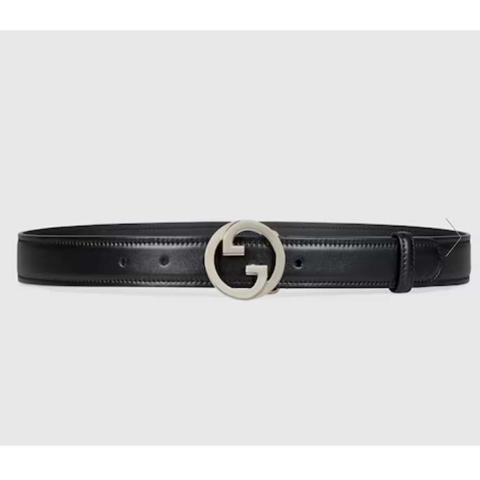 Gucci Unisex Blondie Belt Black Leather Round Interlocking G Buckle 3 CM Width