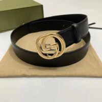 Gucci Unisex Blondie Belt Black Leather Round Interlocking G Buckle 4 CM Width (9)