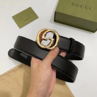 Gucci Unisex Blondie Belt Black Leather Round Interlocking G Buckle 4 CM Width (9)