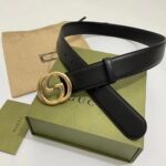 Gucci Unisex Blondie Belt Black Leather Round Interlocking G Buckle 4 CM Width - Image 2