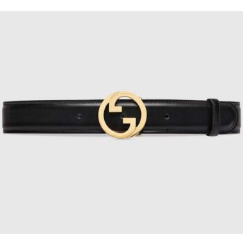 Gucci Unisex Blondie Belt Black Leather Round Interlocking G Buckle 4 CM Width