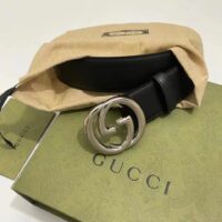 Gucci Unisex Blondie Belt Black Leather Round Interlocking G Buckle Palladium-Toned Hardware 4 CM Width (7)