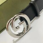 Gucci Unisex Blondie Belt Black Leather Round Interlocking G Buckle Palladium-Toned Hardware 4 CM Width - Image 6