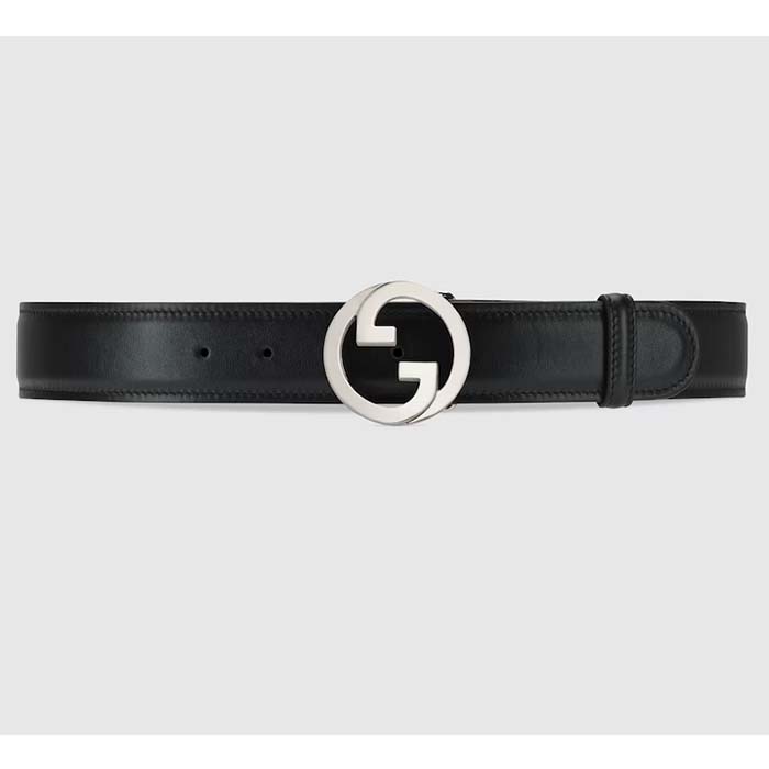 Gucci Unisex Blondie Belt Black Leather Round Interlocking G Buckle Palladium-Toned Hardware 4 CM Width