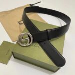 Gucci Unisex Blondie Belt Black Leather Round Interlocking G Buckle Palladium-Toned Hardware 4 CM Width - Image 4