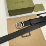 Gucci Unisex Blondie Belt Black Leather Round Interlocking G Buckle Palladium-Toned Hardware 4 CM Width - Image 3