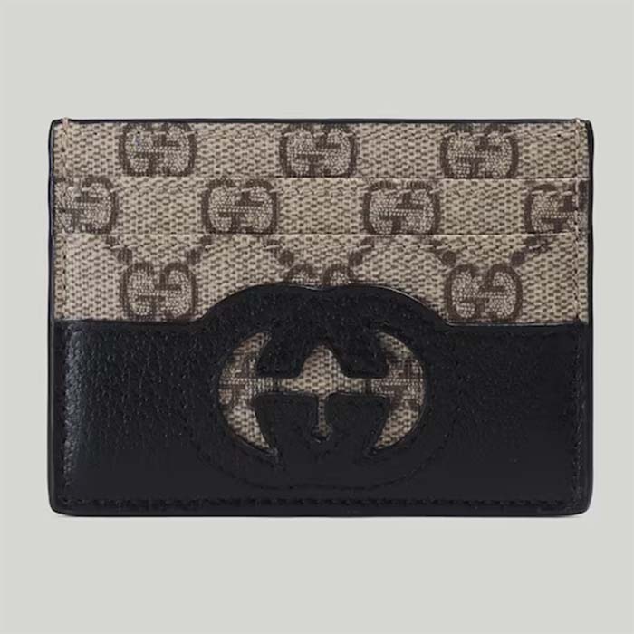 Gucci Unisex Card Case Cut-Out Interlocking G Beige Ebony GG Supreme Canvas