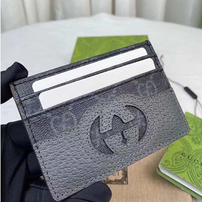 Gucci Unisex Card Case Cut-Out Interlocking G Black Grey GG Supreme Canvas (5)