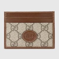 Gucci Unisex Card Case Interlocking G Beige Ebony GG Supreme Fabric Brown Leather (1)