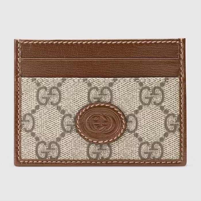 Gucci Unisex Card Case Interlocking G Beige Ebony GG Supreme Fabric Brown Leather