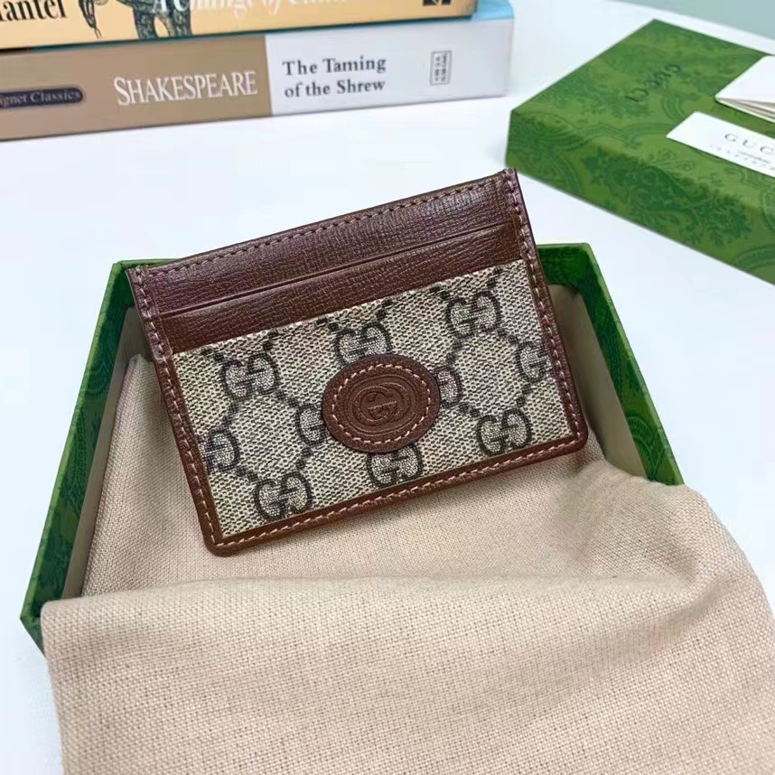Gucci Unisex Card Case Interlocking G Beige Ebony GG Supreme Fabric Brown Leather (4)