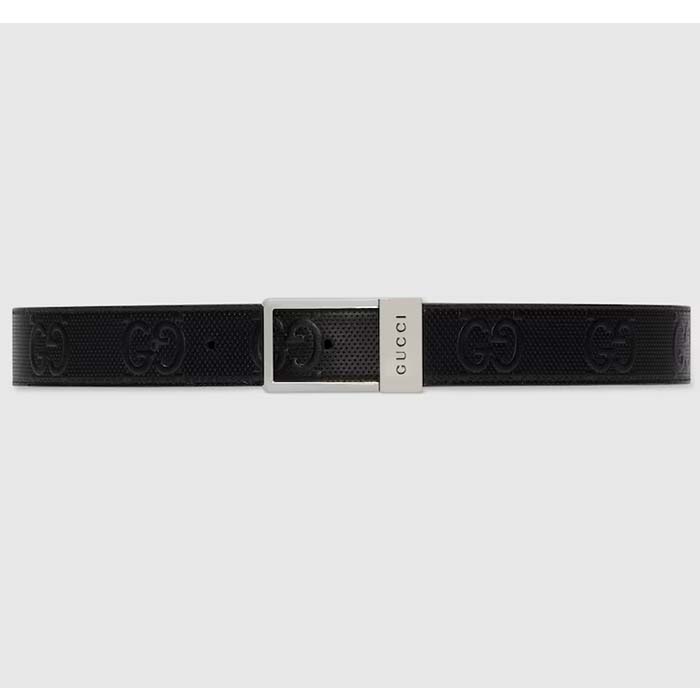 Gucci Unisex GG Belt Rectangular Buckle Black Leather 3.6 CM Width