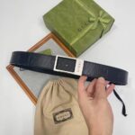 Gucci Unisex GG Belt Rectangular Buckle Black Leather 3.6 CM Width - Imagen 6